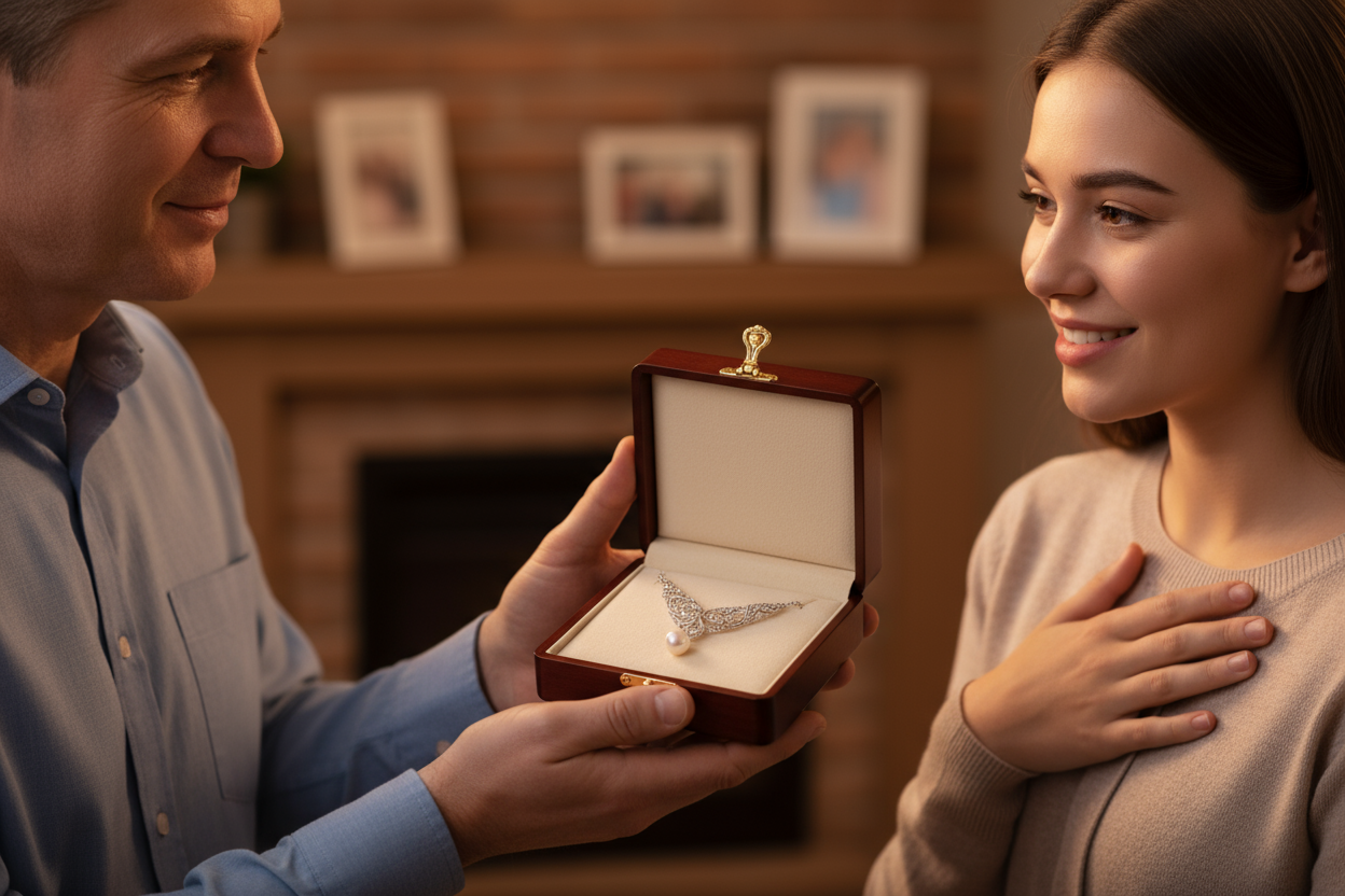 father gifting a necklace in jewlery message dift box precious moment